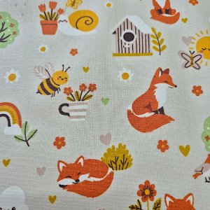 Beschichtete Baumwolle "Fuchs und Biene hellbeige"