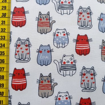 Reststück Beschichtete Baumwolle "Katzen weiss/rot" 50 x 70cm Fr. 6.-