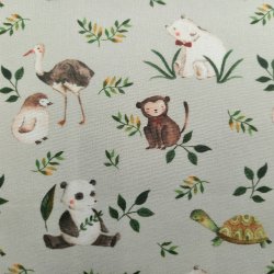 Beschichtete Baumwolle "Tiere mit Zweigen graugrün"