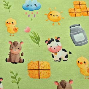 Jersey Stoff "Bauernhoftiere hellgrün"