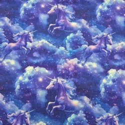 Jersey Stoff "Einhorn violett/blau"