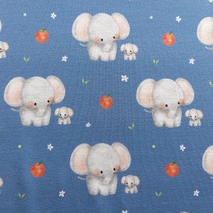 Jersey Stoff "Elefant mit Apfel blau"