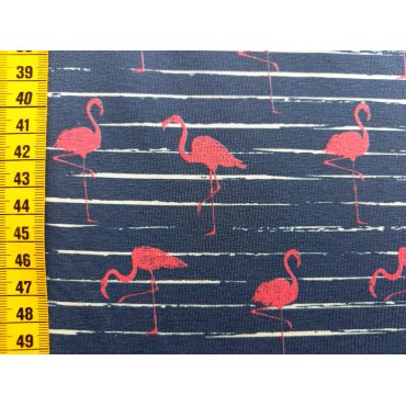 Jerseystoff "Flamingo mit Linien dunkelblau"