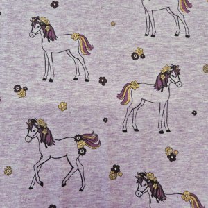 Jersey Stoff "Pferd lila Glitzer"