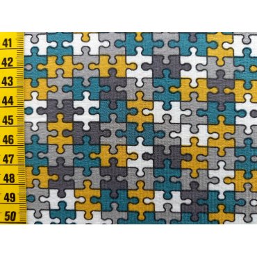 Reststück Jerseystoff "Puzzle mint/gelb" 60cm Fr. 11.-