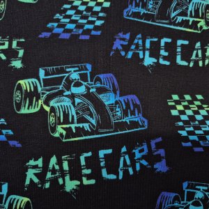 Jersey Stoff "Racecars schwarz/blau"