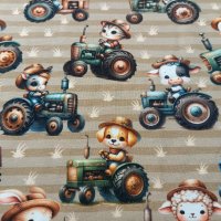 Jersey Stoff "Traktor mit Tieren braun"