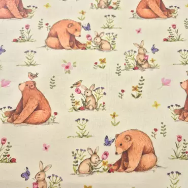 Beschichtete Baumwolle "Bär und Hase creme"