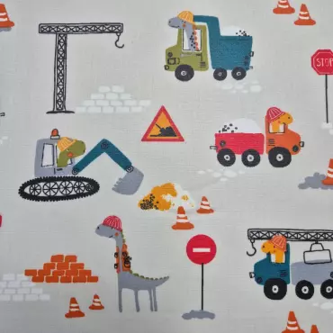 Beschichtete Baumwolle "Dinos auf Baustelle grau"