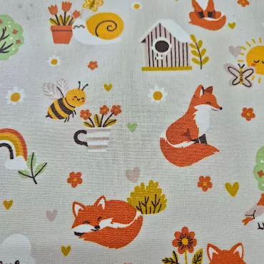 Beschichtete Baumwolle "Fuchs und Biene hellbeige"