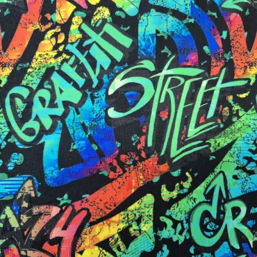 Jersey Stoff "Graffiti schwarz/bunt"