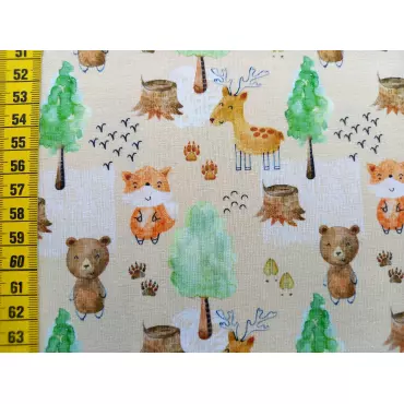 Reststück Jerseystoff "Tierspuren im Wald creme-gelb" 45cm Fr. 12.-