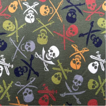Jerseystoff "Totenkopf mit Säbel oliv"