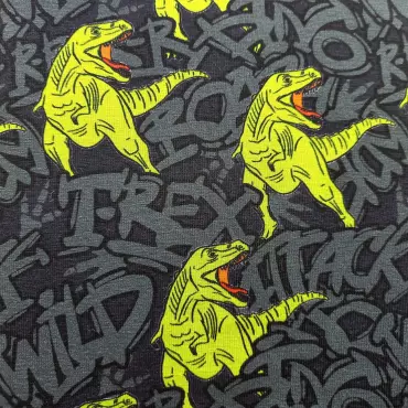 Reststück Jersey Stoff "Wild Dino lime auf schwarz" 60cm Fr. 16.-