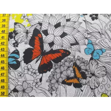 Reststück Jerseystoff "Schmetterlingswelt grau" 60cm Fr. 11.-